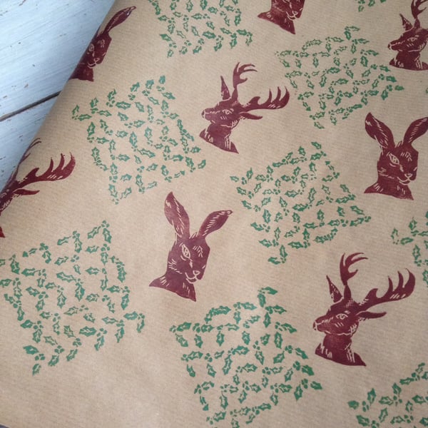 Hand printed Holly, Stag and Hare Gift Wrap