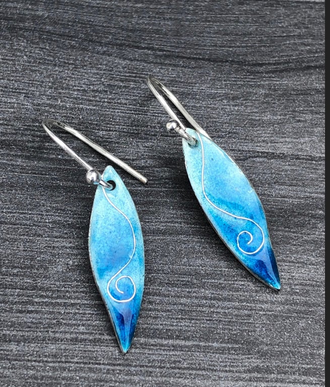 Enamel Earrings, leaf earrings, blue leaf earrings, ocean earrings, nature, 