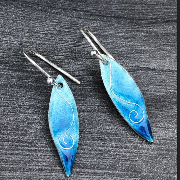 Enamel Earrings, leaf earrings, blue leaf earrings, ocean earrings, enamel, blue