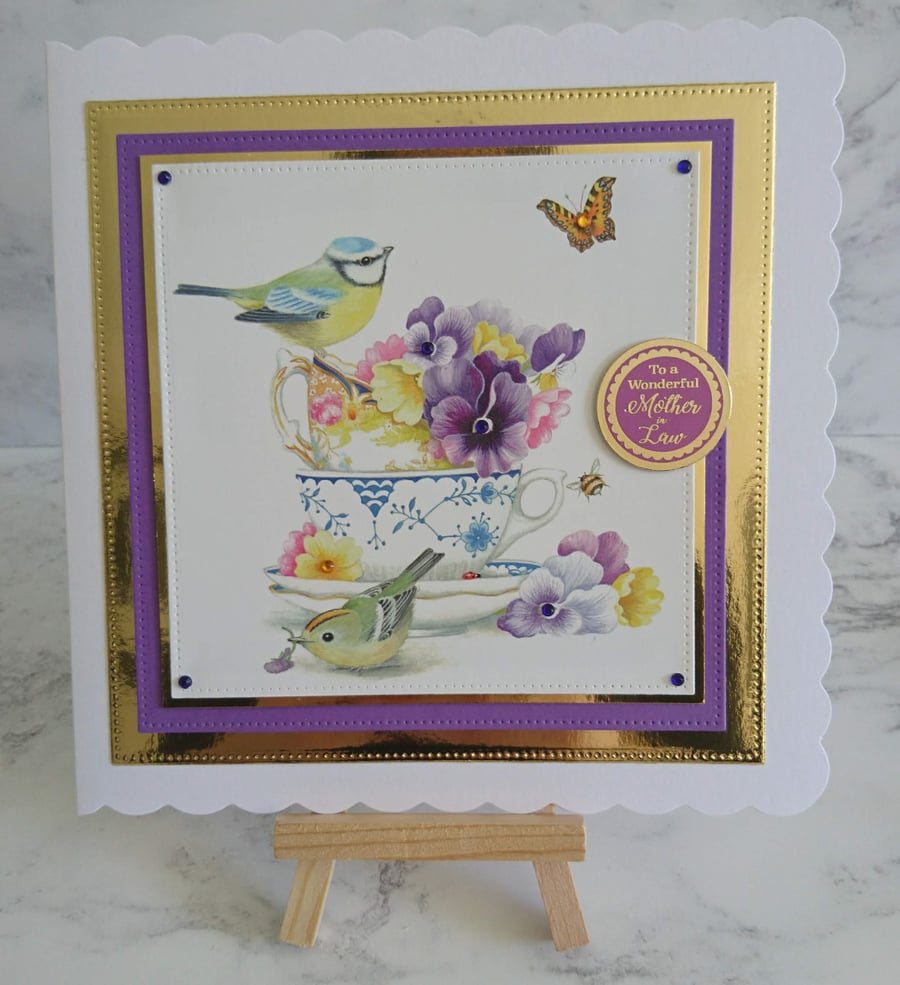 Birthday Card To a Wonderful Mother in Law Birds Teacups Flowers Mother's Day