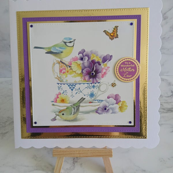 Birthday Card To a Wonderful Mother in Law Birds Teacups Flowers Mother's Day