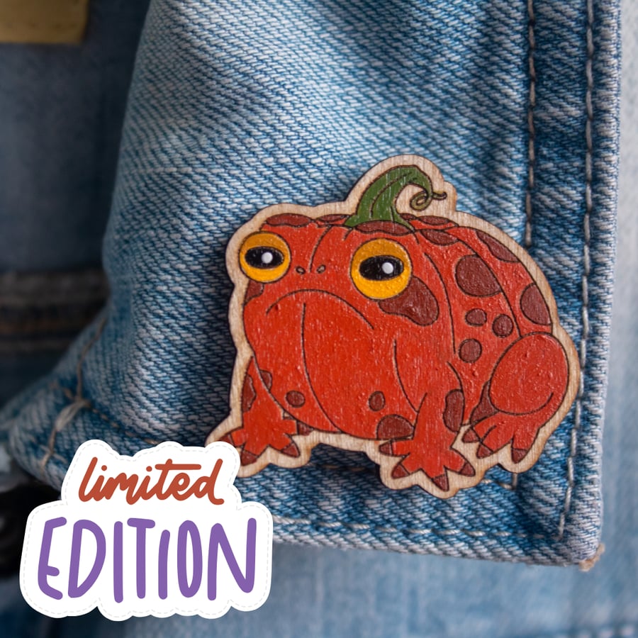 Limited Edition Pumpkin Frog Wooden Pin Badge – Halloween Design