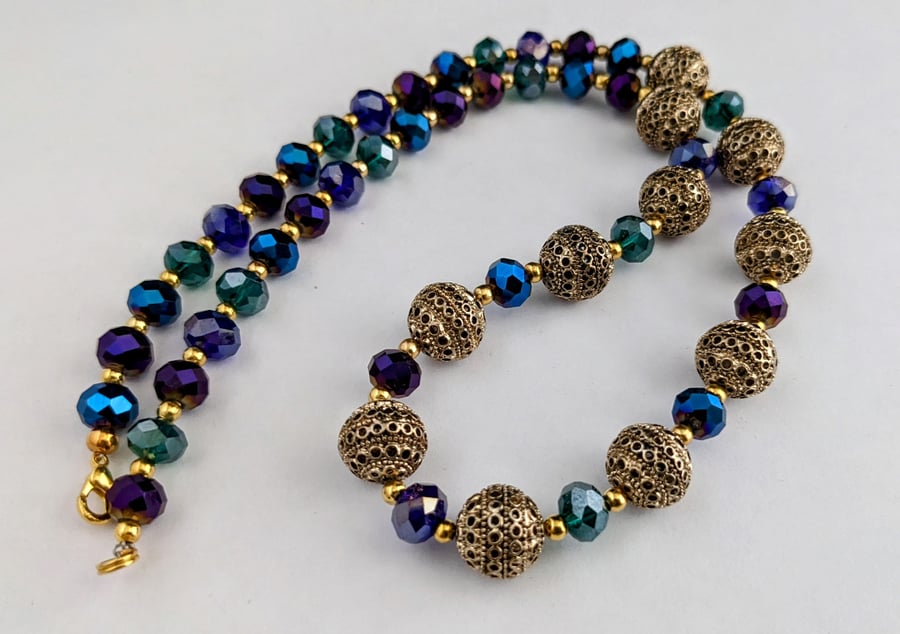 Gold filigree and jewel coloured glass bead necklace -1002703