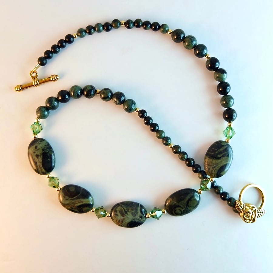 Kambaba Jasper Necklace With Swarovski Crystals - Handmade In Devon -Free UK P&P