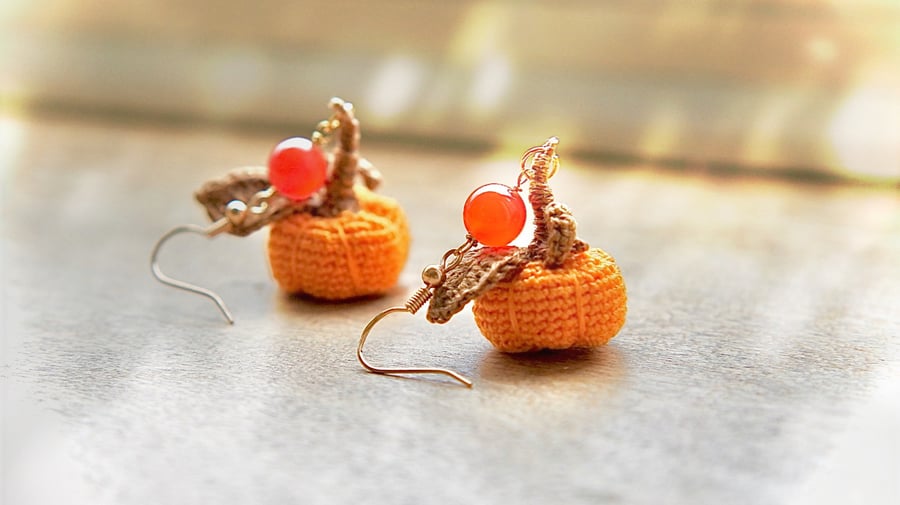 Halloween Orange Carnelian Crochet Pumpkin Earrings 