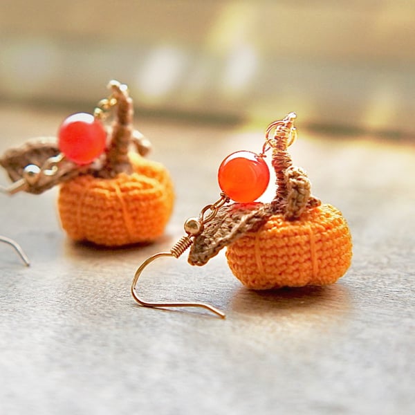 Halloween Orange Carnelian Crochet Pumpkin Earrings 