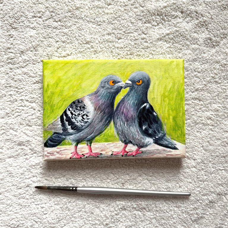 Original Pigeon Couple Canvas Painting - Mixed media Painting - One of a kind