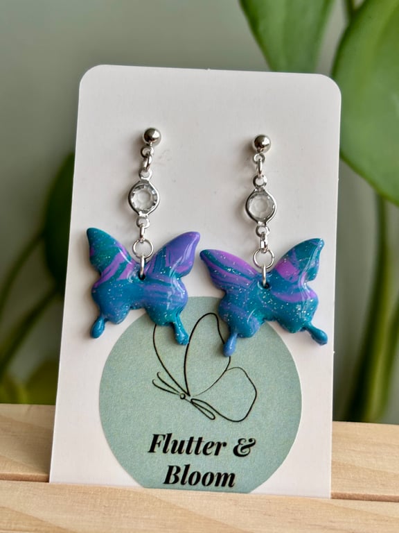 Glitter Butterfly Earrings in Blue, Teal & Purple — Whimsical Handmade Dangles