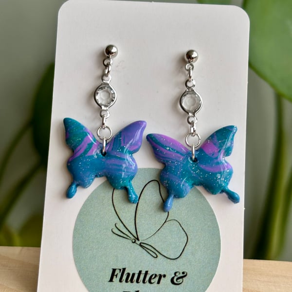 Glitter Butterfly Earrings in Blue, Teal & Purple — Whimsical Handmade Dangles