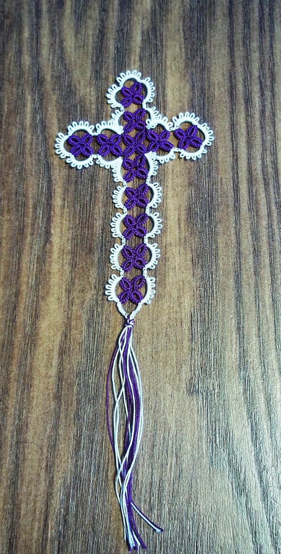 Cream and Purple Tatted Cross Bookmark