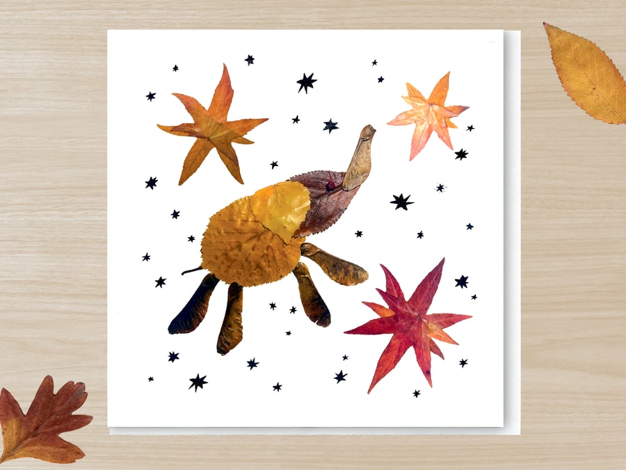 Flying Elephant, Pressed Autumn leaf print card,