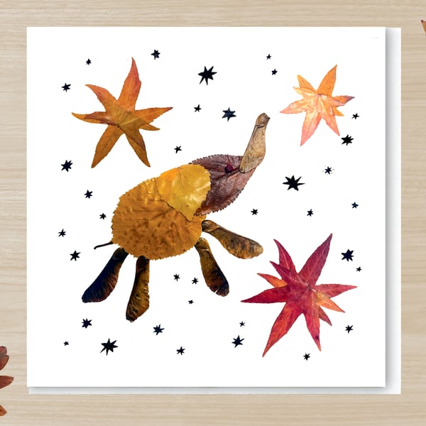 Flying Elephant, Pressed Autumn leaf print card,