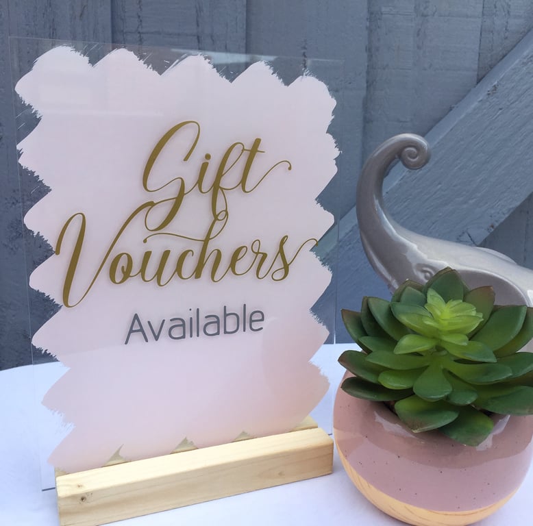 Handpainted A5 Acrylic SIGN Gift Vouchers swirls font beauty salon spa nail shop