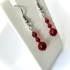 Dark Red Three Bead Drop Earrings