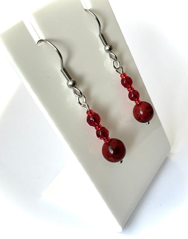 Dark Red Three Bead Drop Earrings
