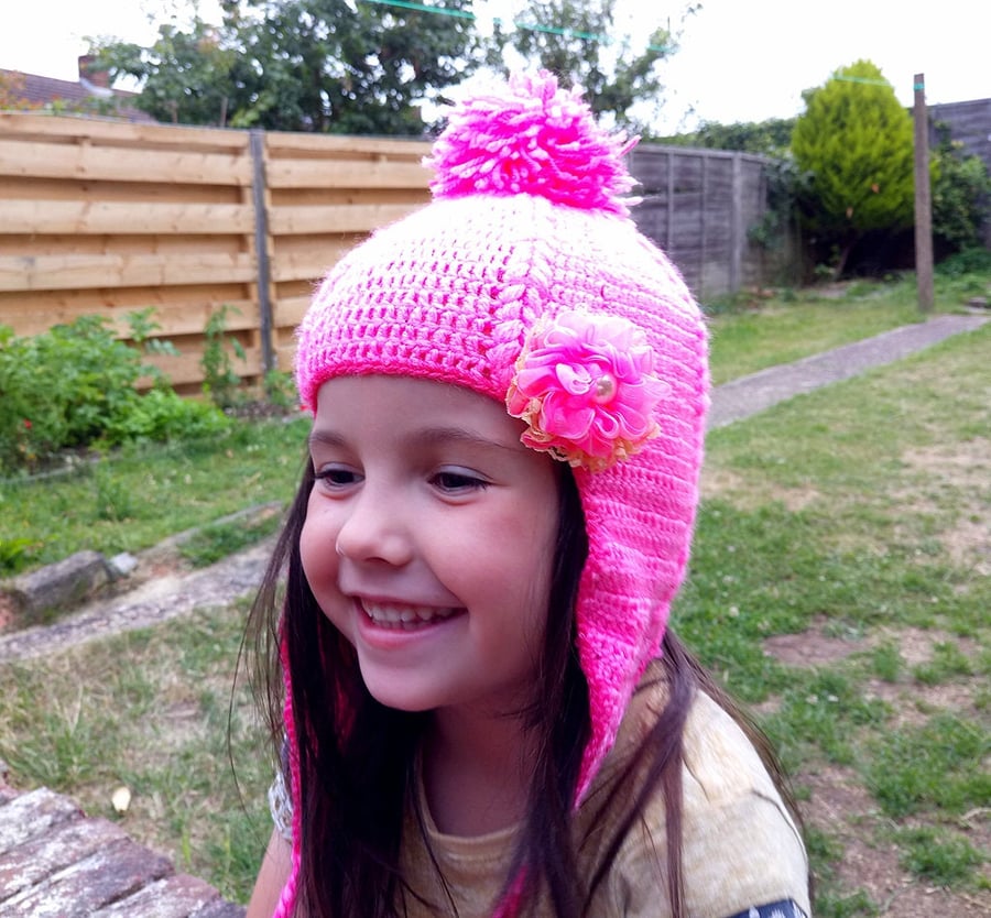 Pink Crochet Toddler Baby Child Hand Knitted Aviator Girl Hat 