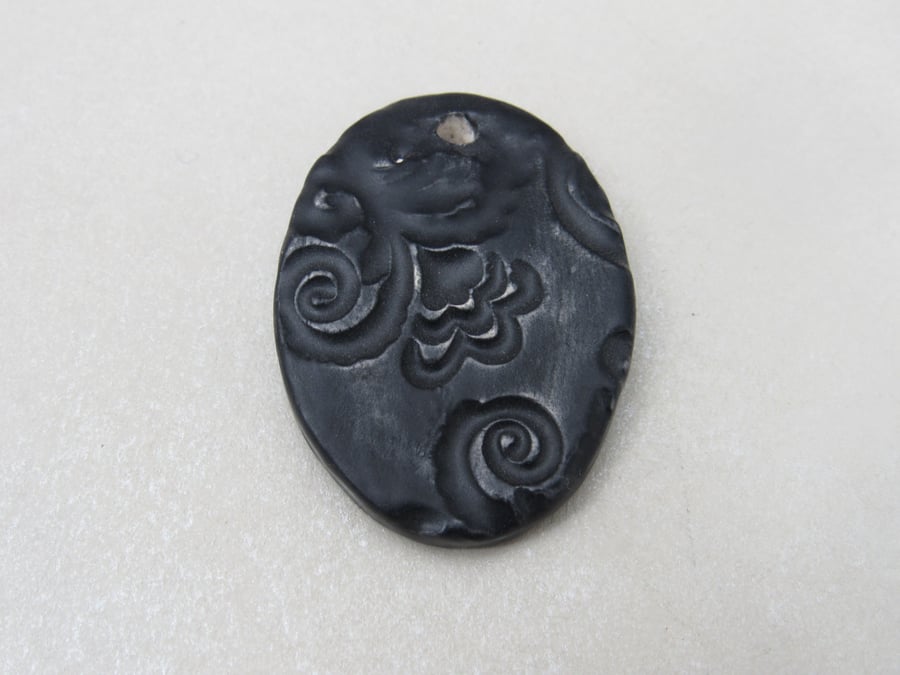 Large Coal Black Brocade Ceramic Pendant
