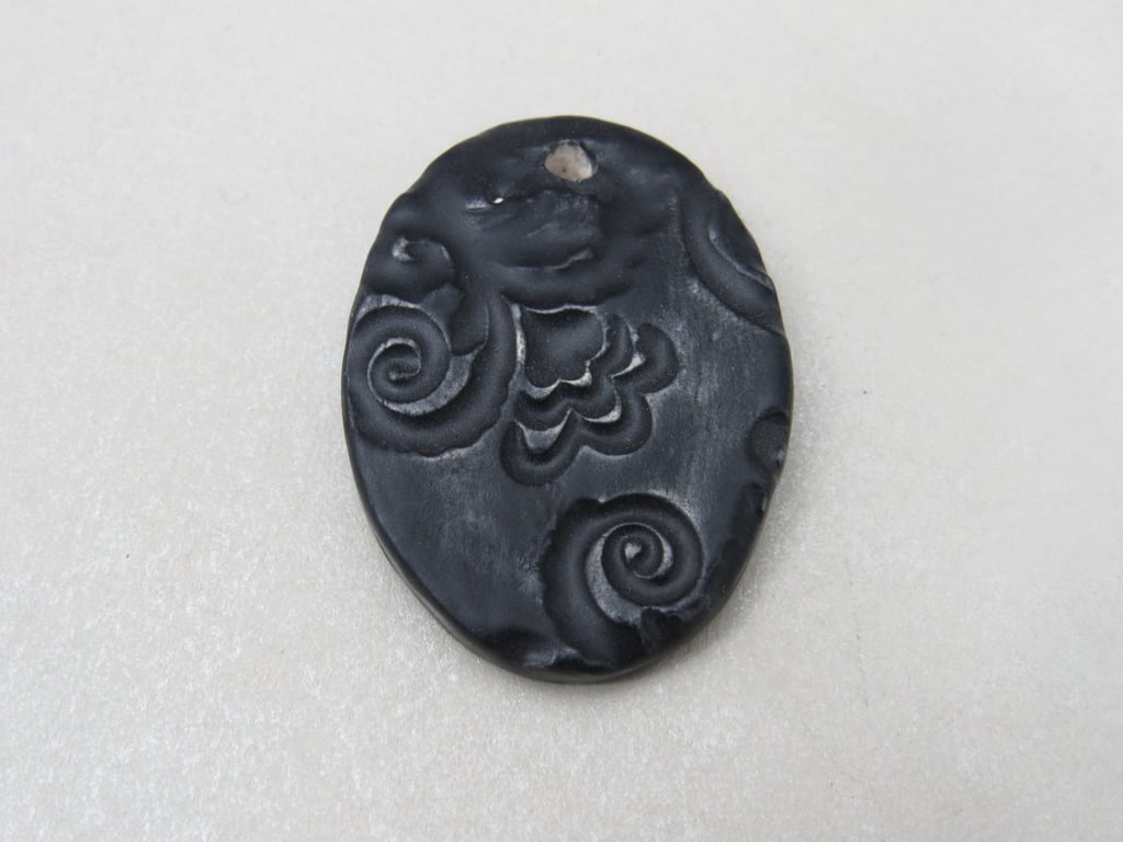 Large Coal Black Brocade Ceramic Pendant