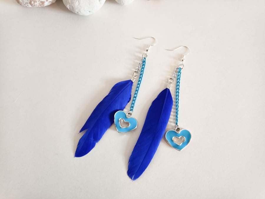 Blue Feather and Heart Dangle Earrings