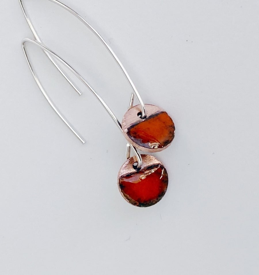 Dainty Red Copper Enamel Drop Earrings with Marquis Silver Ear Wires