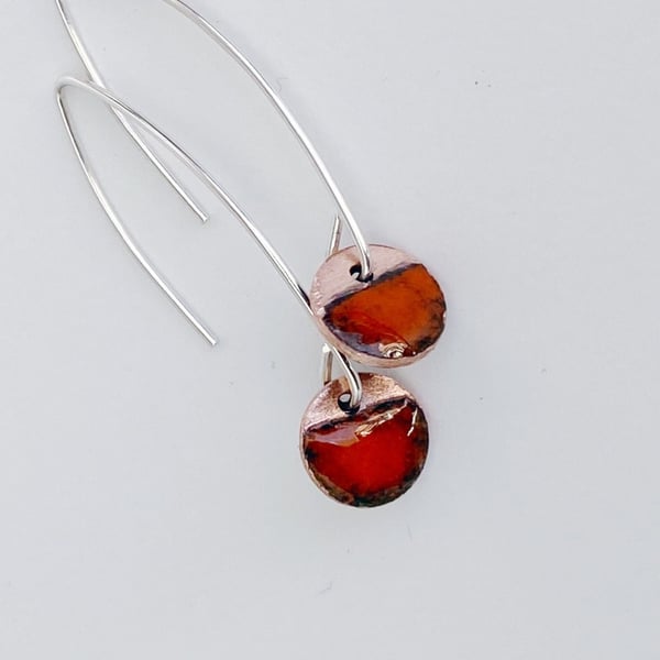 Dainty Red Copper Enamel Drop Earrings with Marquis Silver Ear Wires