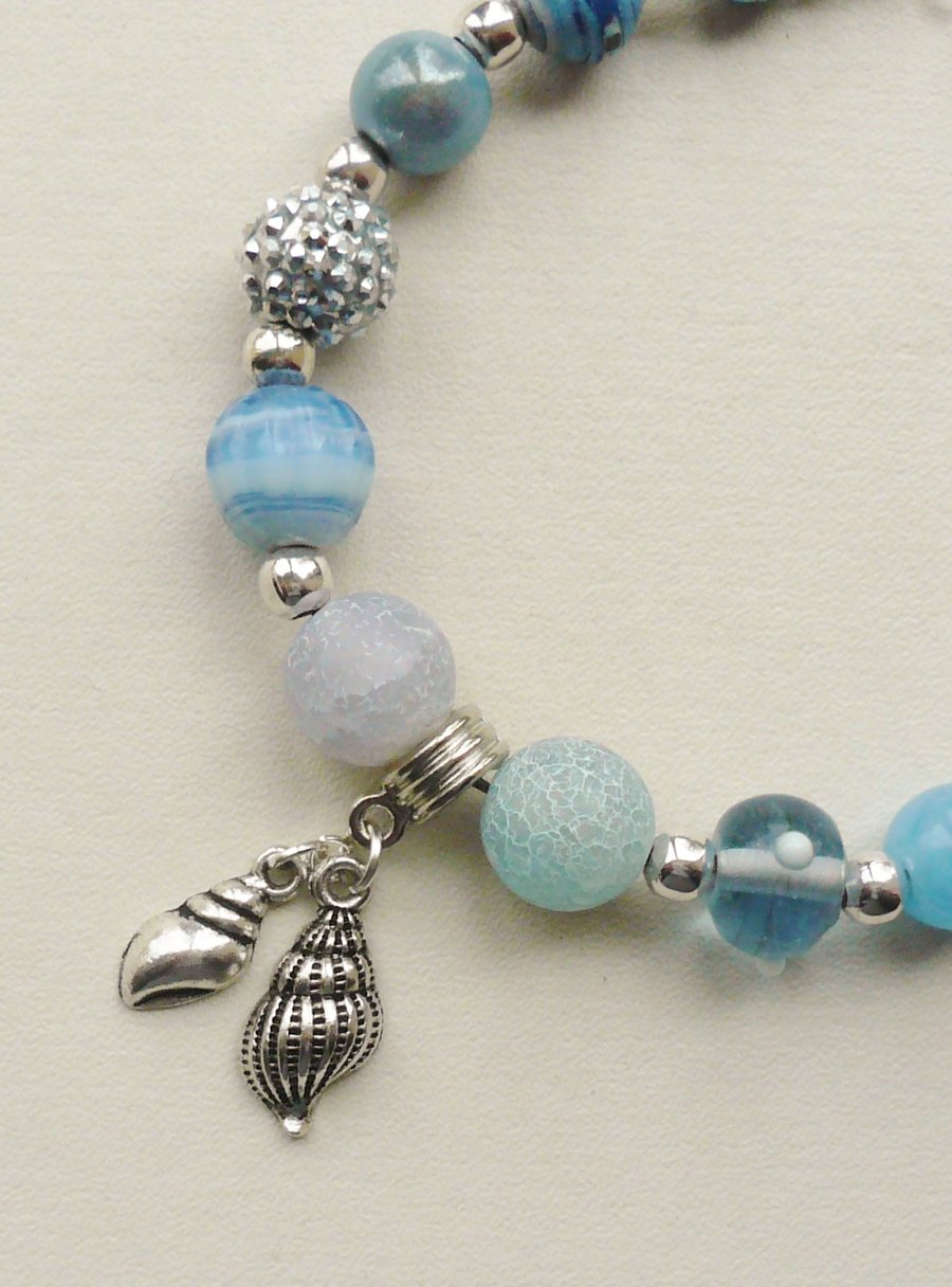 Pale Blue and Silver Mixed Bead Shell  Charm Bracelet   KCJ639