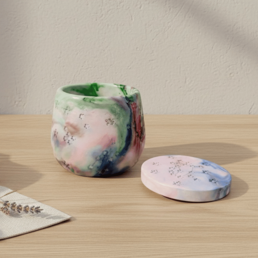 Lilac Pink Green Marbled Jewellery Box with Red Accents Star Trinket Pot