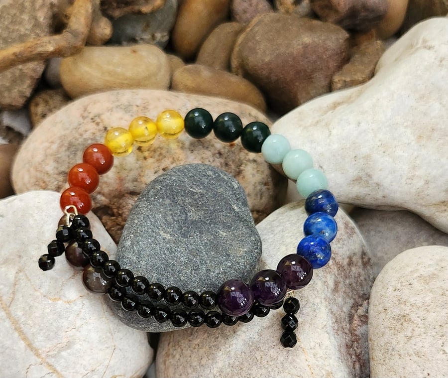 7 Chakra memory wire bangle with sterling silver -Version 2