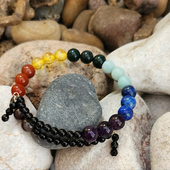 7 Chakra memory wire bangle with sterling silver -Version 2