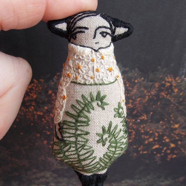 Gorse Fae with Fern Skirt - A Miniature Hand Embroidered Textile Art Doll, 7.5cm
