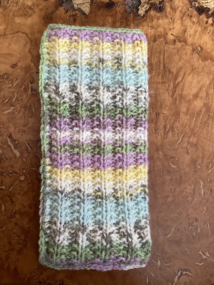 MOBILE PHONE SLEEVE 8x3.5" OR 20x9cm HAND KNITTED IN MULTICOLOURED YARN