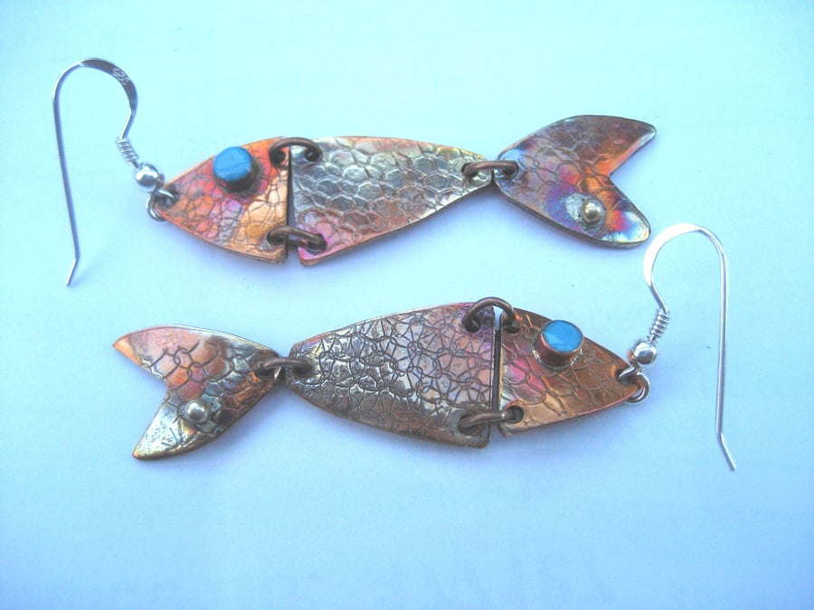 Textured copper fish earrings with enamel eye and sterling silver water bubble!