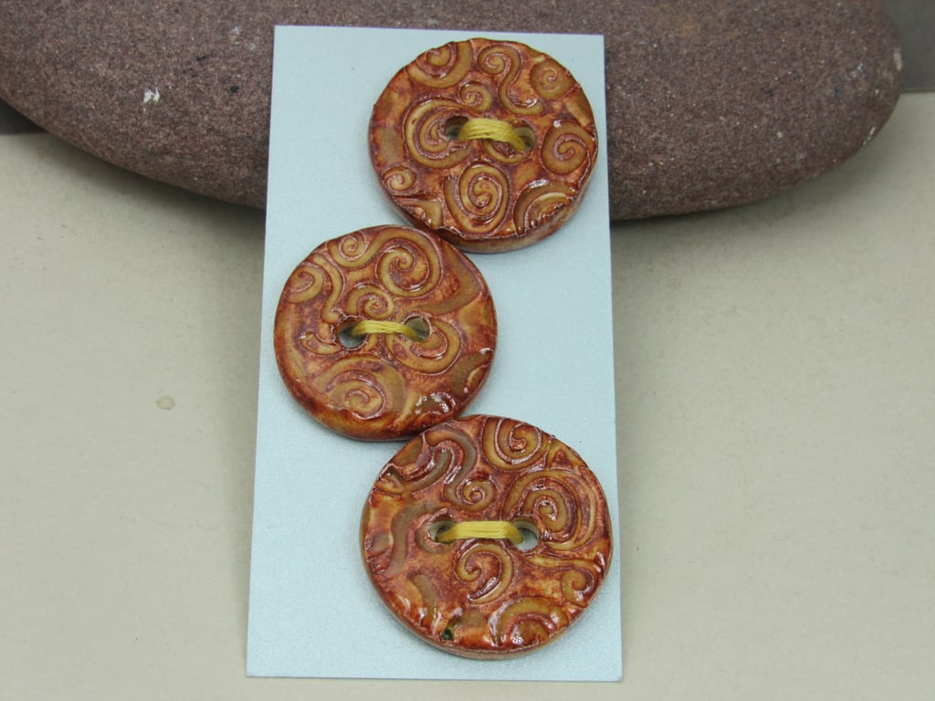 3 Spiral Textured Bright Copper Glazed Ceramic Buttons