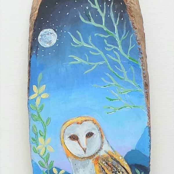 Barn owl by moonlight on  a wood slice 