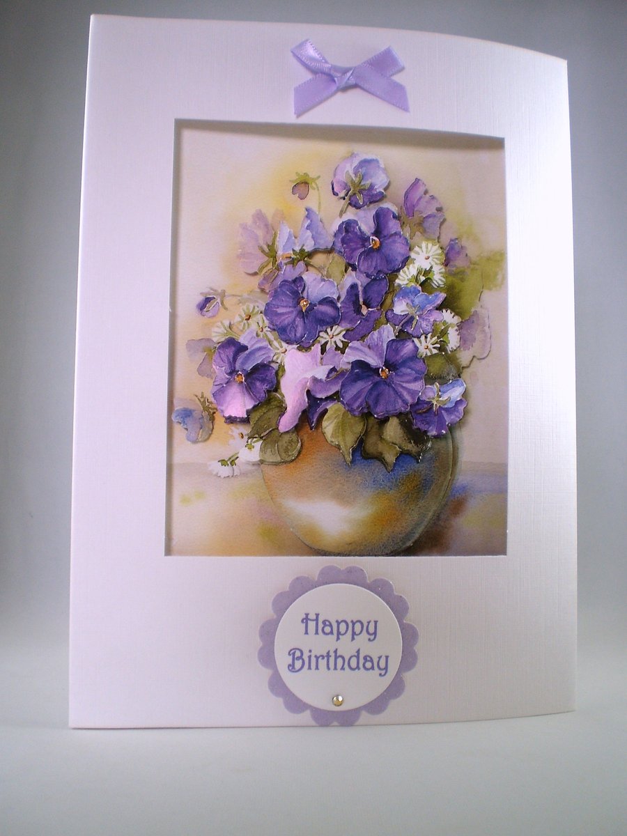 Handmade DecoupageVase of Flowers  Birthday Card, pansies,violas, personalise,3D