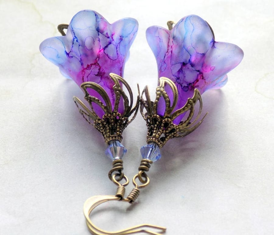 Plum and Blue "Deep Remembered Garden" Hand Painted Lucite Flower Earrings