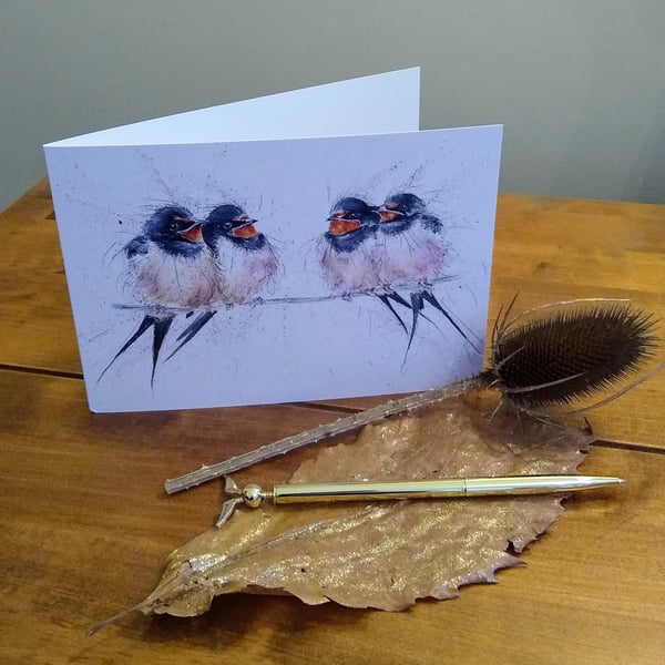 Swallow Art Print greetings card 'Fledglings' , blank inside.