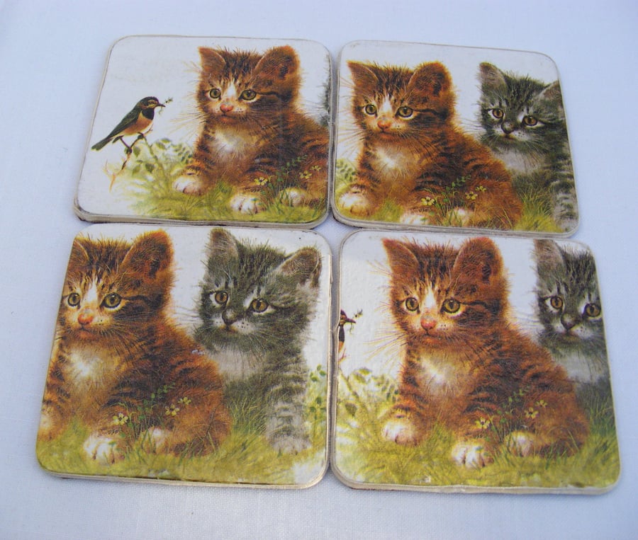 Set of 4 Decoupaged wooden kitten coasters.