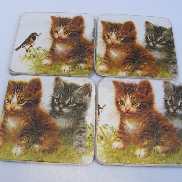 Set of 4 Decoupaged wooden kitten coasters.