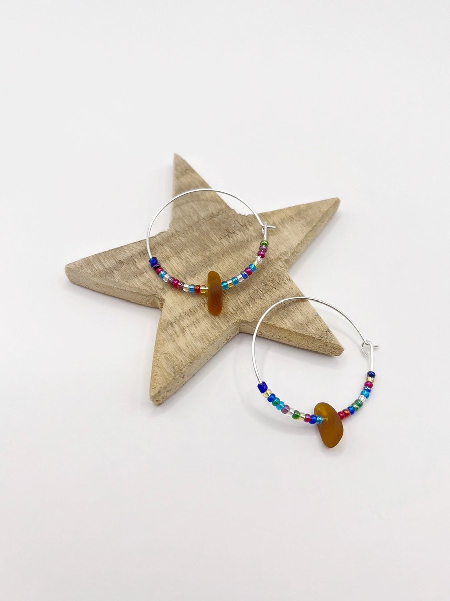 Cornish Sea Glass Hoop Earrings with Rainbow Mix Seed Beads - 30mm 