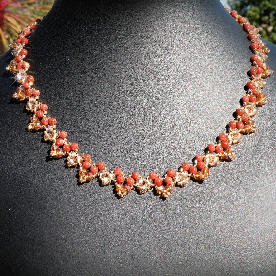 Sparkly Goldstone and Crystal Hand Beaded Necklace 17-19 Inch