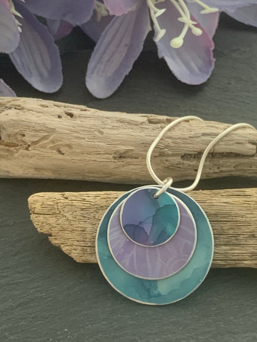 Water colour collection - hand painted aluminium pendant, Teal and Lilac