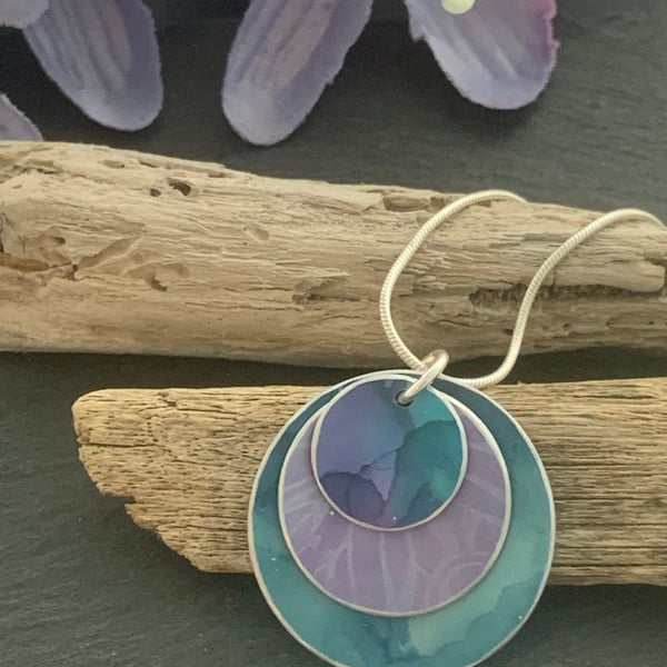 Water colour collection - hand painted aluminium pendant, Teal and Lilac