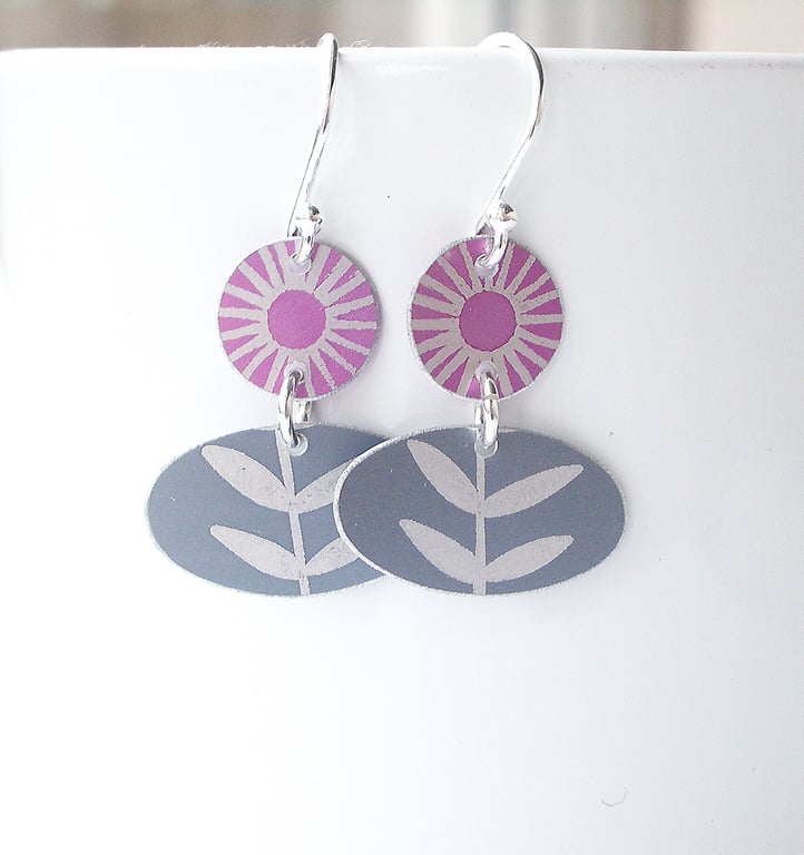 Folk art flower earrings in pink and grey