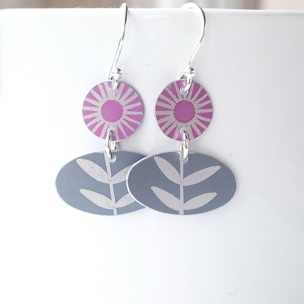 Folk art flower earrings in pink and grey
