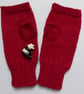 Panda Fingerless gloves , knitted red wool wrist warmers - Image 5