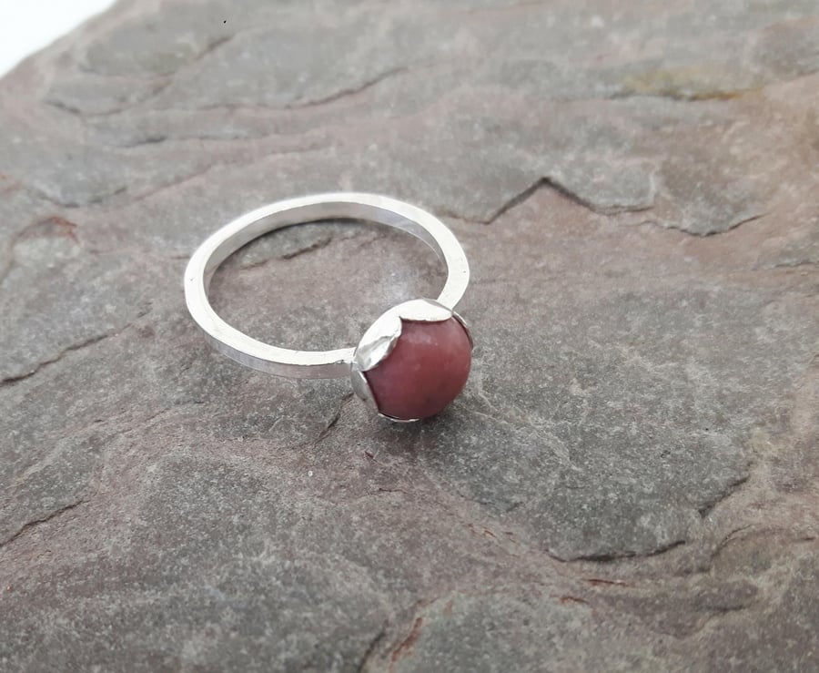 Sterling Silver Ring with Pink Rhodonite Gemstone in Petal Setting