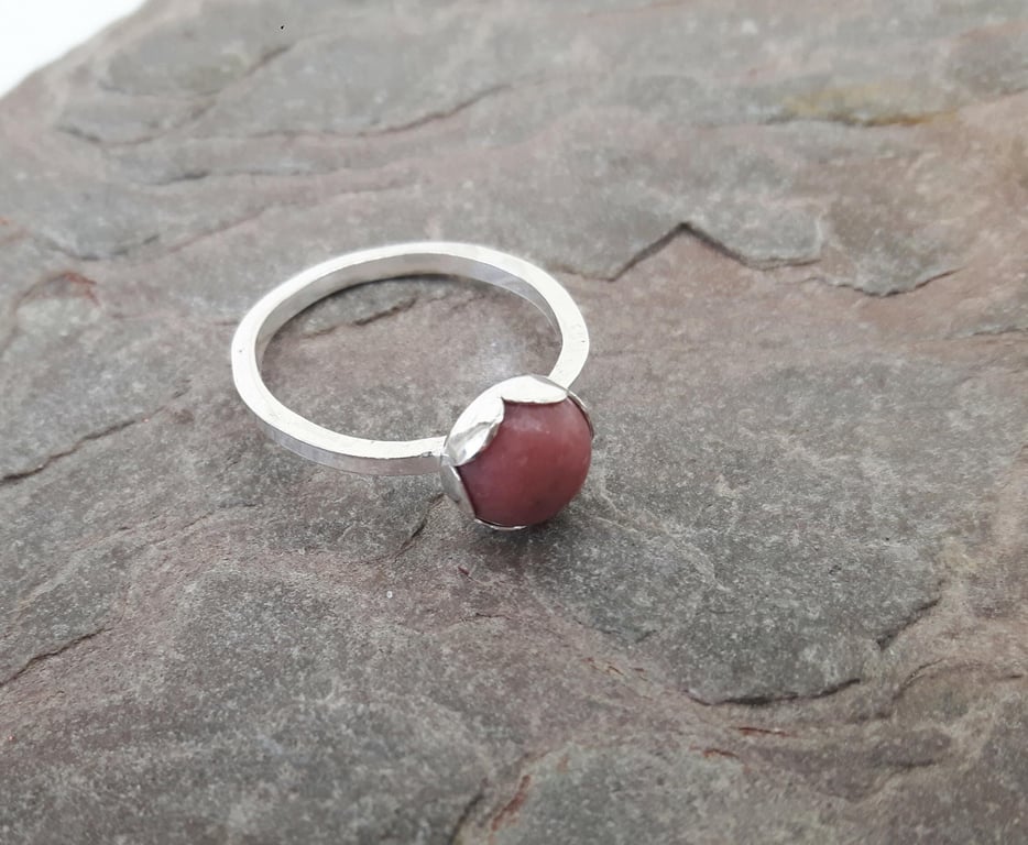 Sterling Silver Ring with Pink Rhodonite Gemstone in Petal Setting