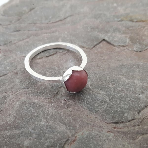 Sterling Silver Ring with Pink Rhodonite Gemstone in Petal Setting