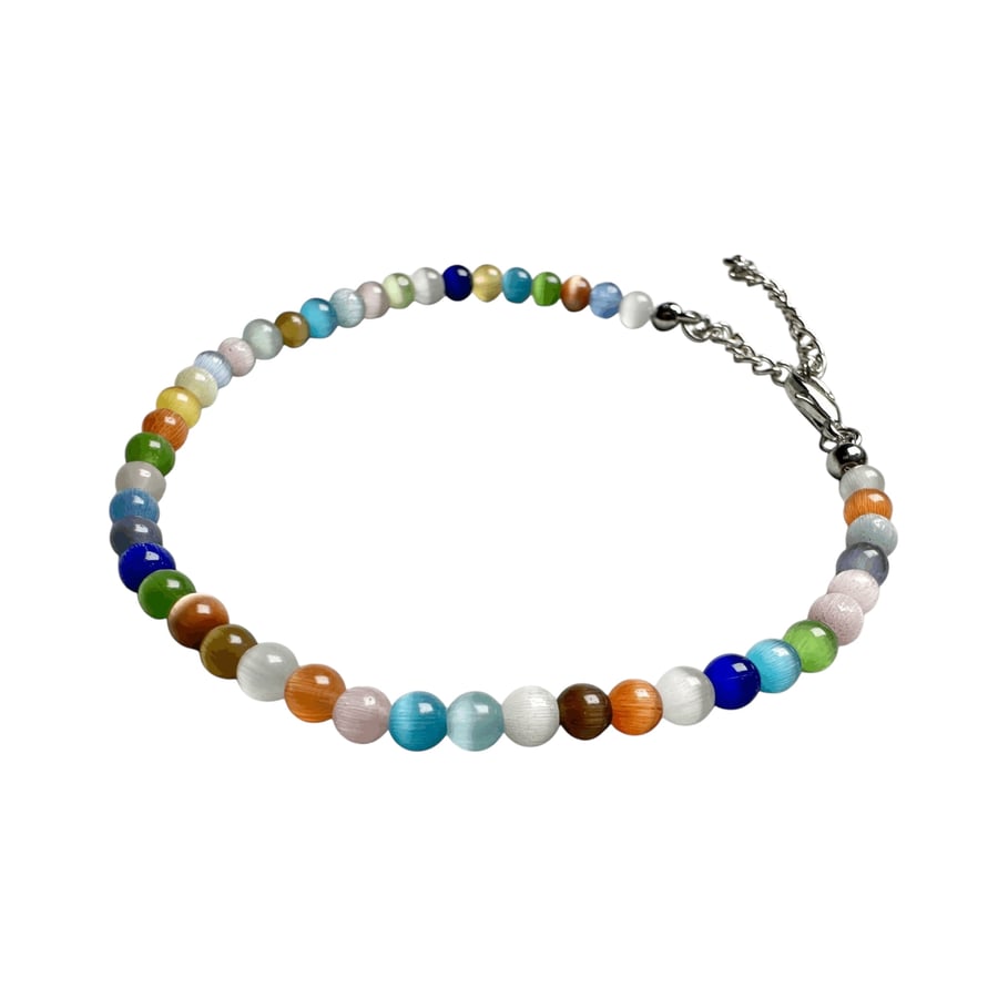 Colorful Cat's Eye Beaded Bracelet - Adjustable Silver Tone Chain